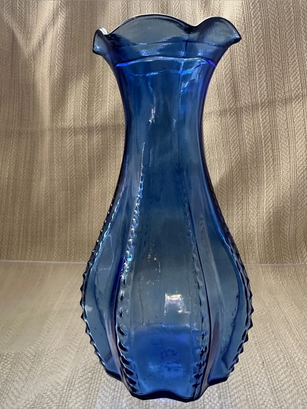 Vintage Indiana Glass Cobalt Blue Beaded Ribbed Vase With Ruffle Rim Edge USA 7